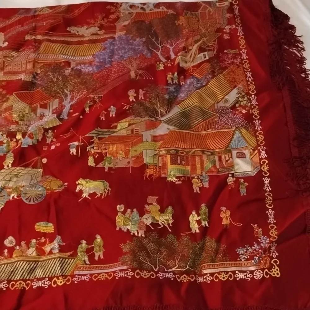 Vintage Asian Brocaded Flowers Silk Embroidered Red Square Fringe Tablecloth